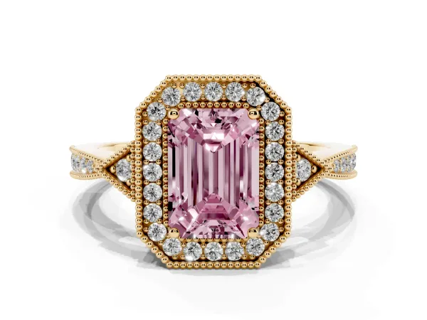 Fancy Pink Emerald Cut Halo Round Diamond Milgrain Pave Engagement Ring Yellow gold