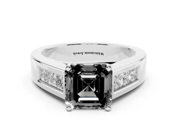 Fancy Black Asscher Cut Cut Channel Set Solitaire Ring with Four-Prong Setting Platinum