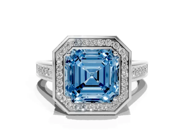 Fancy Blue Asscher Cut Halo Solitaire Diamond Ring with Pave Band and Bezel Setting White gold