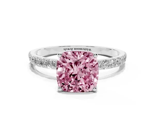Fancy Pink Cushion Cut Diamond Solitaire Engagement Ring with Round Pavé Band and Prong Setting Platinum