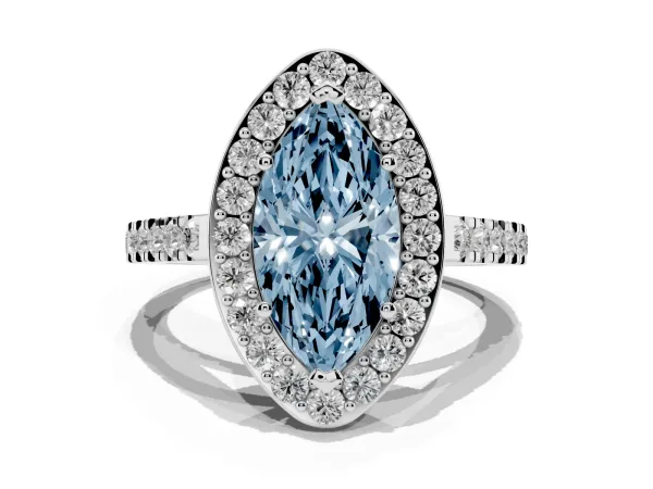 Fancy Blue Marquise Cut Diamond Halo Ring with Round Pavé Split Shank and Prong Setting White gold
