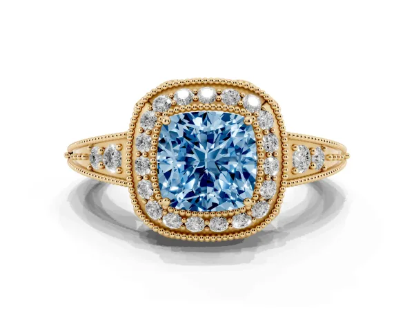 Fancy Blue Cushion Cut Halo Diamond Split Shank Ring with Milgrain Detail Yellow gold