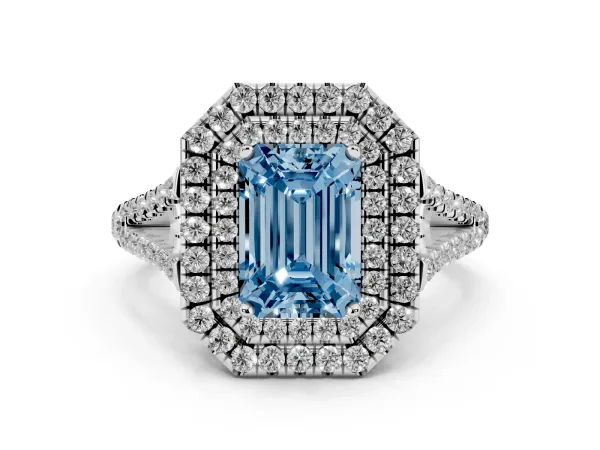 Fancy Blue Emerald Cut Diamond Double Halo Ring with Pavé Band and Prong Setting Platinum