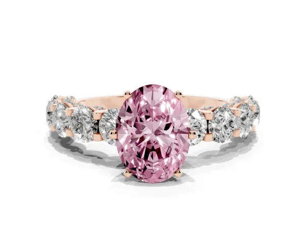 Fancy Pink Oval Cut Diamond Side Stone Engagement Ring with Four-Prong Setting Rose gold