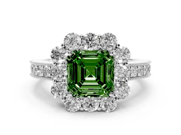 Fancy Green Asscher Cut Cut Halo Diamond Pavé Engagement Ring with Milgrain Detailing White gold