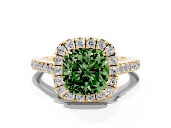 Fancy Green Cushion Cut Halo Pave Diamond Engagement Ring with Four-Prong Setting Yellow gold