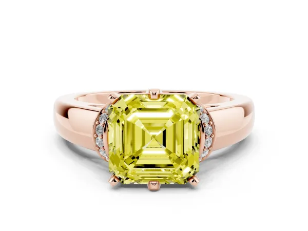 Fancy Yellow Asscher Cut Solitaire Diamond Ring with Pave Band and Six-Prong Setting Rose gold