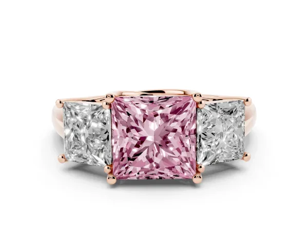 Fancy Pink Three-Stone Princess Cut Diamond Engagement Ring with Prong Setting Rose gold