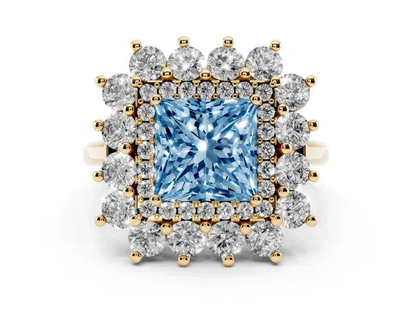 Fancy Blue Princess Cut Diamond Floral Double Halo Engagement Ring with Prong Setting Yellow gold