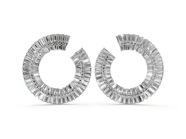 Baguette and Round Diamond Fanned Hoop Earrings White gold