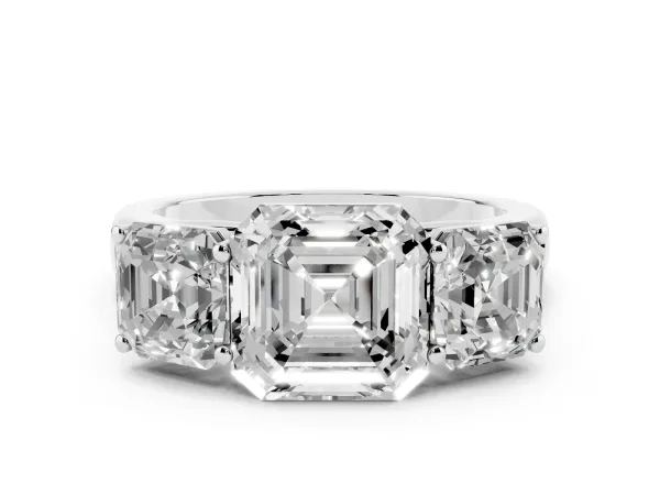 Asscher Cut Three-Stone Diamond Ring with Prong Setting on a Classic Band Platinum