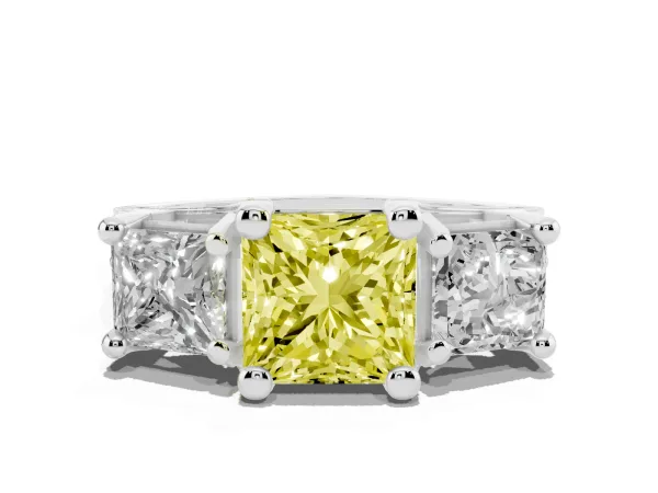 Fancy Yellow Princess Cut Diamond Three-Stone Ring with Channel Set Band and Four-Prong Setting Platinum