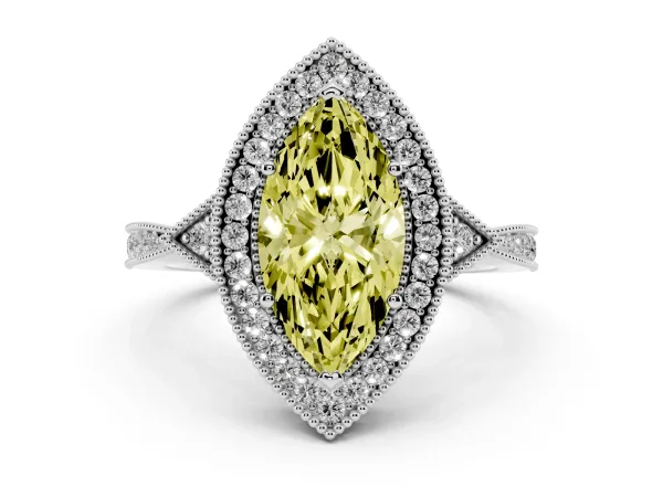Fancy Yellow Marquise Cut Halo Round Diamond Milgrain Pave Engagement Ring Platinum