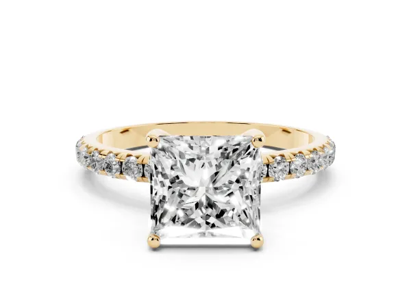 Princess Cut Cut Diamond Solitaire Ring with Micro Pave Band and Four Prong Setting Yellow gold
