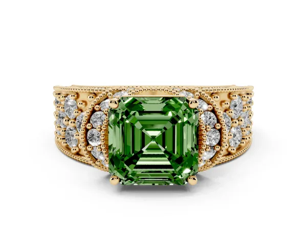 Fancy Green Asscher Cut Halo Pave Diamond Engagement Ring with Milgrain Detailing Yellow gold