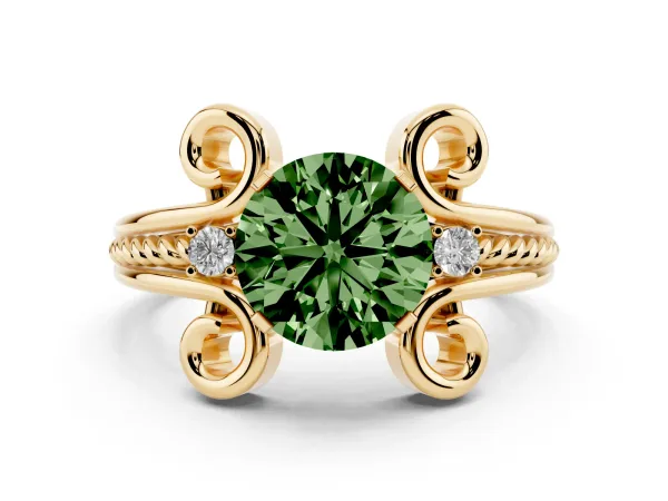 Fancy Green Round Cut Solitaire Twisted Band Scroll Prong Ring Yellow gold