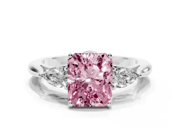 Fancy Pink Three-Stone Radiant Cut Brilliant Diamond Solitaire Ring with Tapered Band and Four-Prong Setting White gold