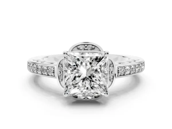 Princess Cut Cut Halo Diamond Ring with Channel Set Band and Four-Prong Setting White gold