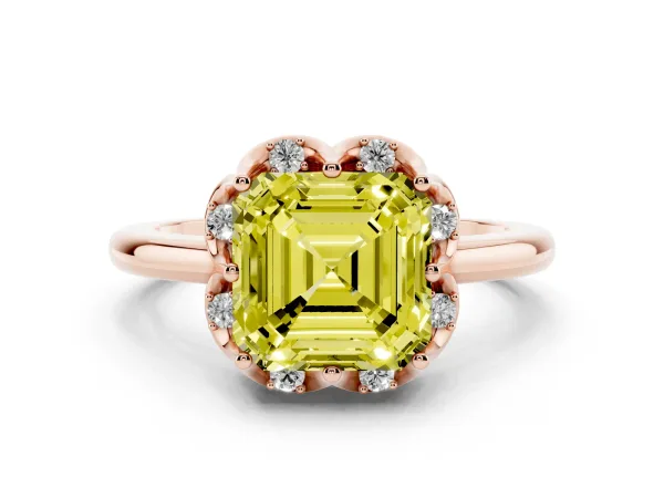 Fancy Yellow Asscher Cut Halo Diamond Ring with Round Cluster Setting, Solitaire Band, and Four-Prong Setting Rose gold