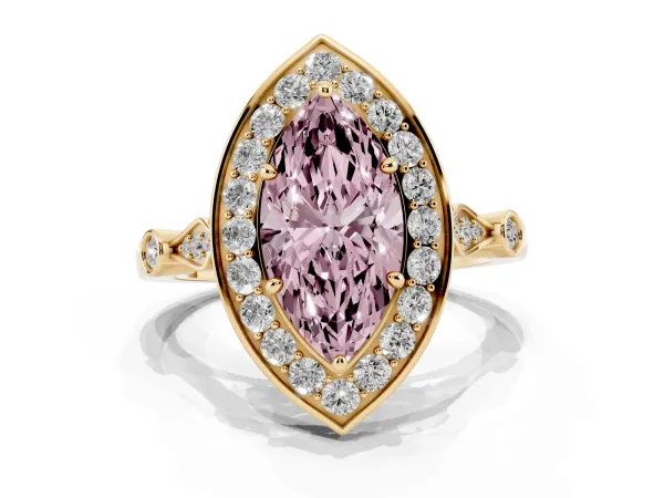 Fancy Pink Marquise Cut Halo Diamond Engagement Ring with Twisted Band and Four-Prong Setting Yellow gold