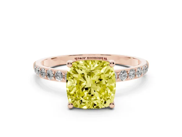 Fancy Yellow Cushion Cut Diamond Solitaire Ring with Round Pavé Shoulders and Prong Setting Rose gold