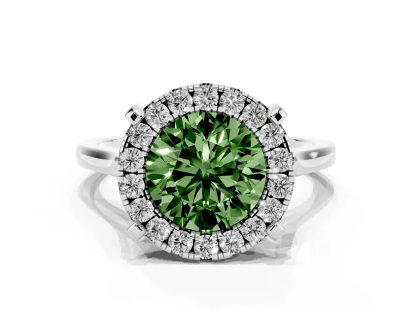 Fancy Green Round Cut Diamond Cluster Halo Solitaire with Four-Prong Setting Platinum