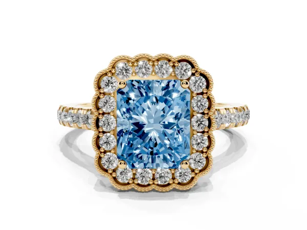 Fancy Blue Radiant Cut Cut Diamond Milgrain Floral Halo Engagement Ring with Pavé Band Yellow gold