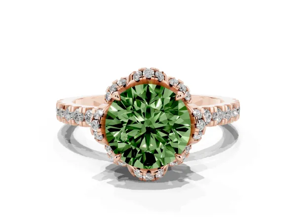 Fancy Green Round Cut Halo Diamond Pave Band Ring with Four-Prong Setting Rose gold