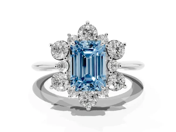 Fancy Blue Emerald Cut Diamond Cluster Halo Ring with Solitaire Band and Four-Prong Setting Platinum