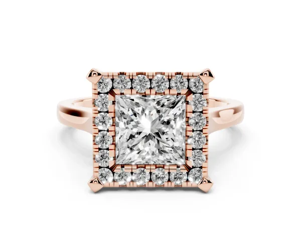 Princess Cut Diamond Cluster Halo Solitaire with Four-Prong Setting Rose gold