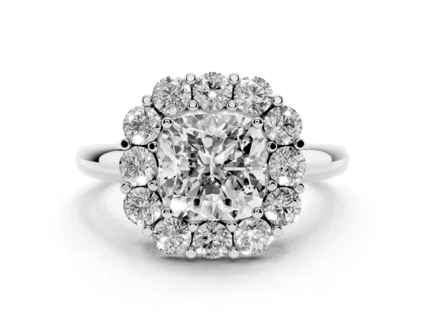 Cushion Cut Halo Cluster Diamond Engagement Ring with Prong Setting and Polished Band White gold