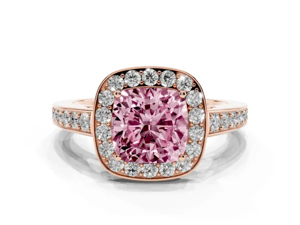 Fancy Pink Cushion Cut Halo Pavé Diamond Engagement Ring with Bezel Setting Rose gold