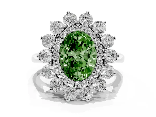 Fancy Green Oval Cut Diamond Floral Double Halo Engagement Ring with Prong Setting White gold