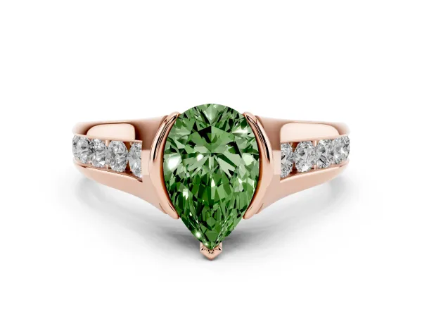 Fancy Green Pear Cut Solitaire Bezel-Set Diamond Ring with Channel-Set Band Rose gold
