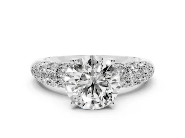 Round Cut Diamond Pavé Band Solitaire Ring with Four-Prong Setting Platinum