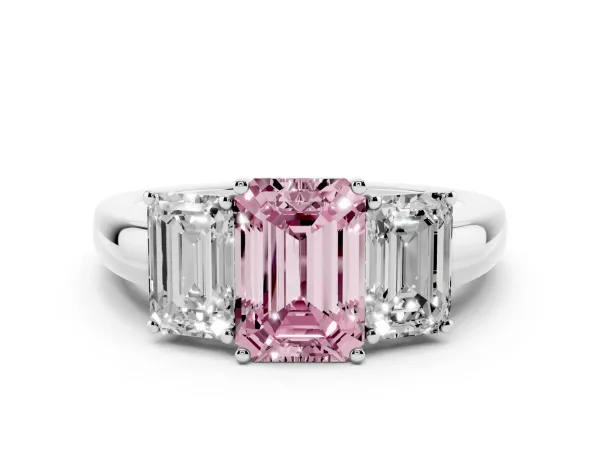 Fancy Pink Emerald Cut Diamond Three-Stone Ring with Four-Prong Setting and Classic Band Platinum