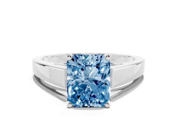 Fancy Blue Radiant Cut Solitaire Engagement Ring with Four-Prong Setting and Tapered Band Platinum