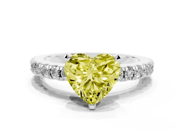 Fancy Yellow Heart Cut Solitaire Diamond with Pavé Band and Four-Prong Setting Platinum