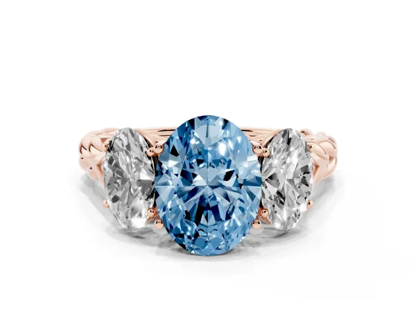 Fancy Blue Three-Stone Oval Cut Diamond Braided Band Ring with Four-Prong Setting Rose gold