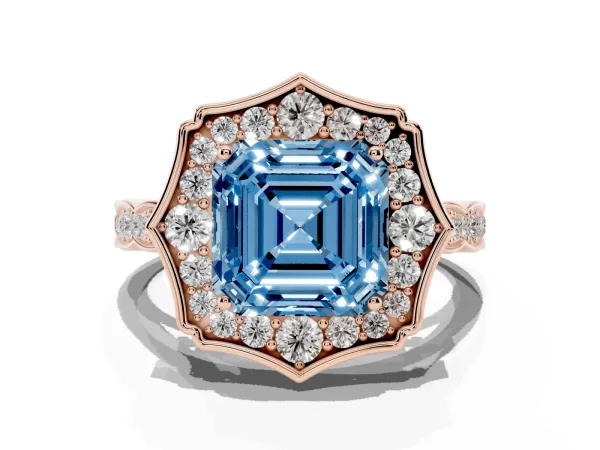 Fancy Blue Asscher Cut Halo Diamond Engagement Ring with Milgrain Band and Four-Prong Setting Rose gold