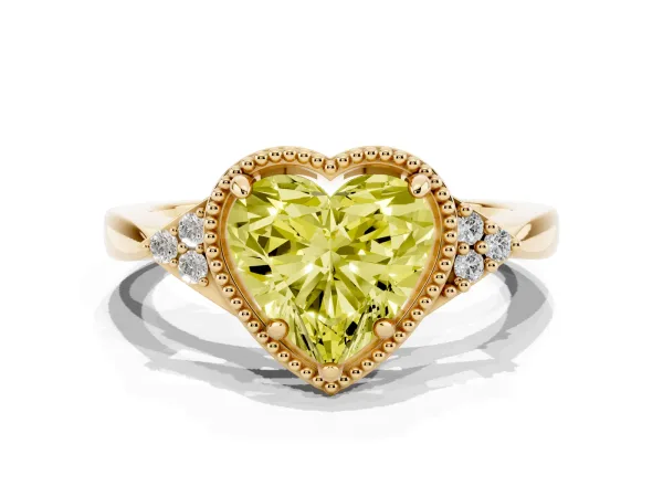 Fancy Yellow Hexagonal Halo Heart Cut Diamond Solitaire with Pavé Band and Four-Prong Setting Yellow gold