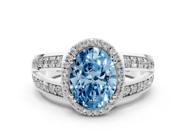 Fancy Blue Oval Cut Diamond Halo Ring with Split Shank Pavé Band and Four-Prong Setting Platinum