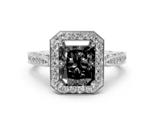 Fancy Black Radiant Cut Halo Diamond Engagement Ring with Split Shank Band and Four-Prong Setting Platinum