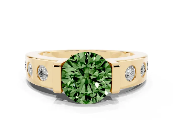 Fancy Green Round Cut Brilliant Channel-Set Diamond Ring with Bezel Prong Setting Yellow gold