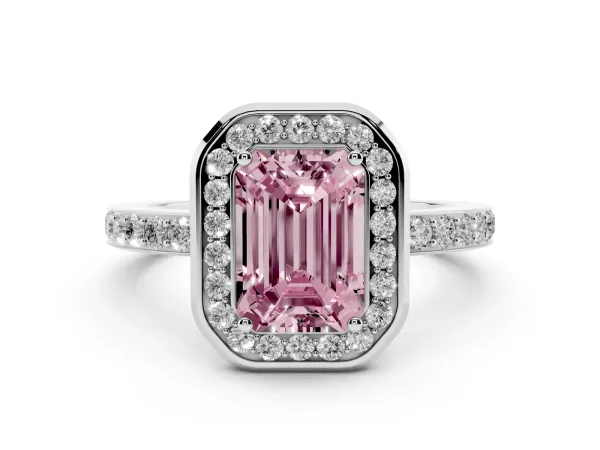Fancy Pink Emerald Cut Diamond Halo Ring with Bezel Frame and Pavé Band Platinum
