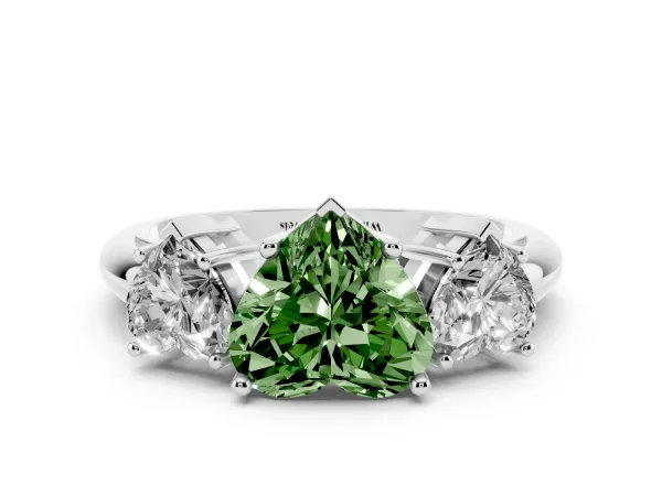 Fancy Green Three-Stone Heart Cut Cut Diamond Engagement Ring with Prong Setting on a White Gold Band White gold