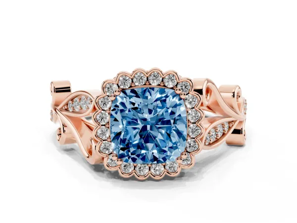 Fancy Blue Cushion Cut Diamond Halo Ring with Vintage Split Shank and Four-Prong Setting Rose gold