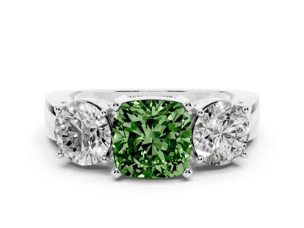 Fancy Green Three-Stone Cushion Cut Diamond Ring with Round Side Stones, Classic Band, and Four-Prong Setting Platinum