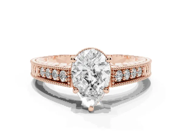 Pear Cut Solitaire Pavé Diamond Milgrain Engagement Ring with Four-Prong Setting Rose gold