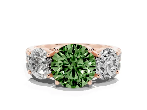 Fancy Green Three-Stone Round Cut Diamond Pavé Band with Prong Setting Rose gold